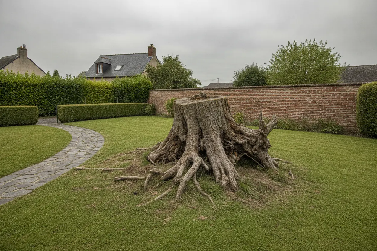 Avant rognage de souche dans jardin au Mont-Gargan