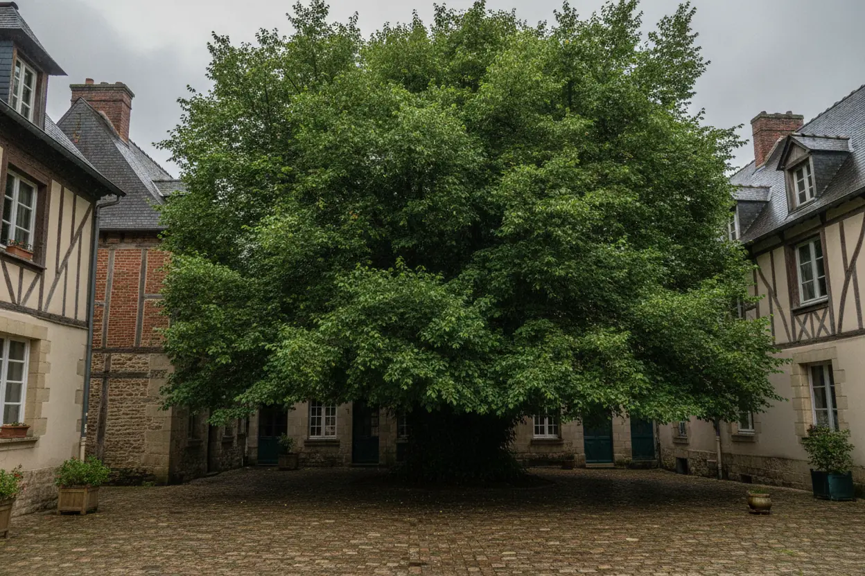 Tilleul trop haut ombrageant une cour au Vieux-Marché, Rouen