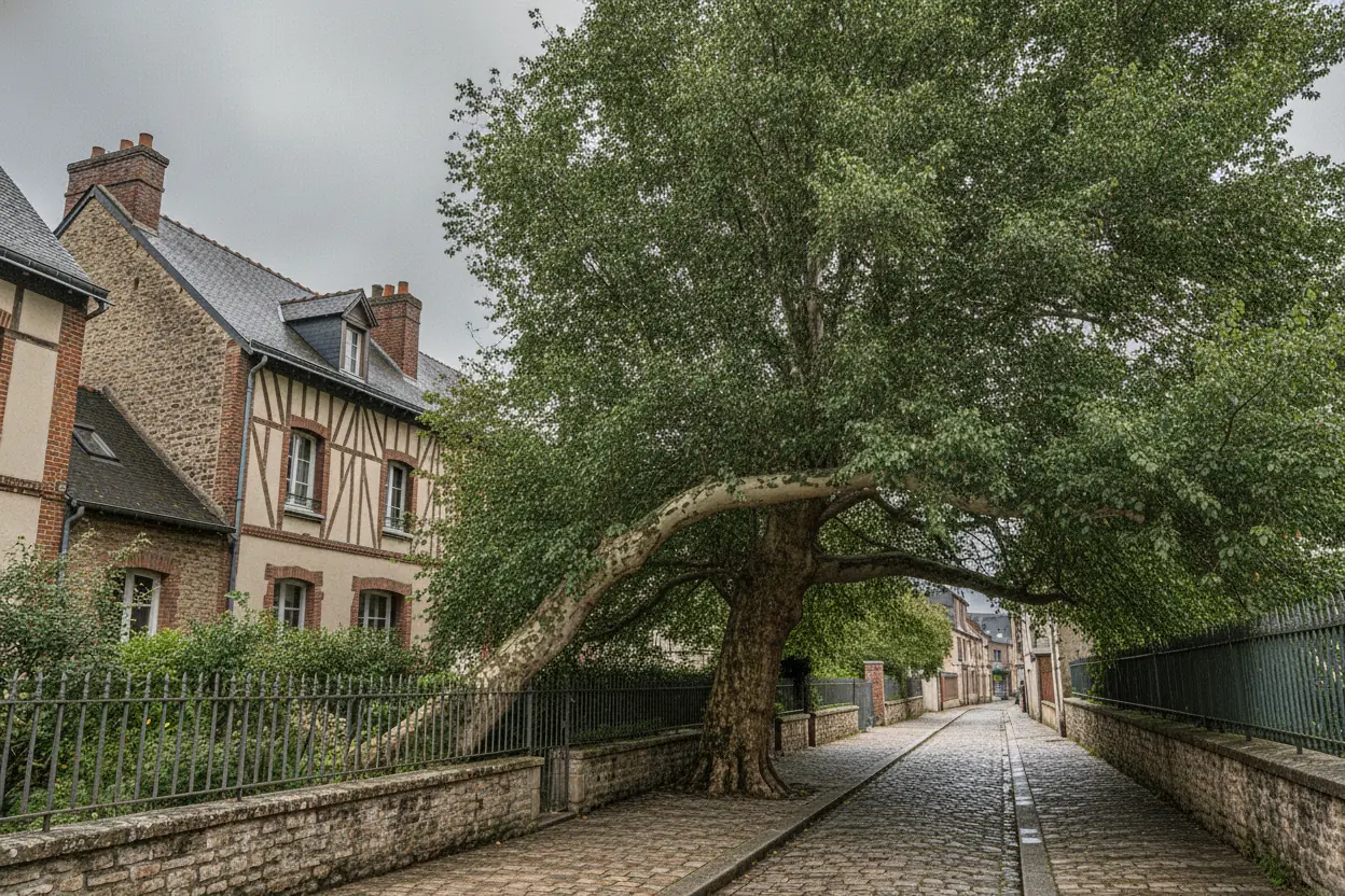 Platane éclairci et relevé au-dessus du trottoir à Saint-Marc, Rouen