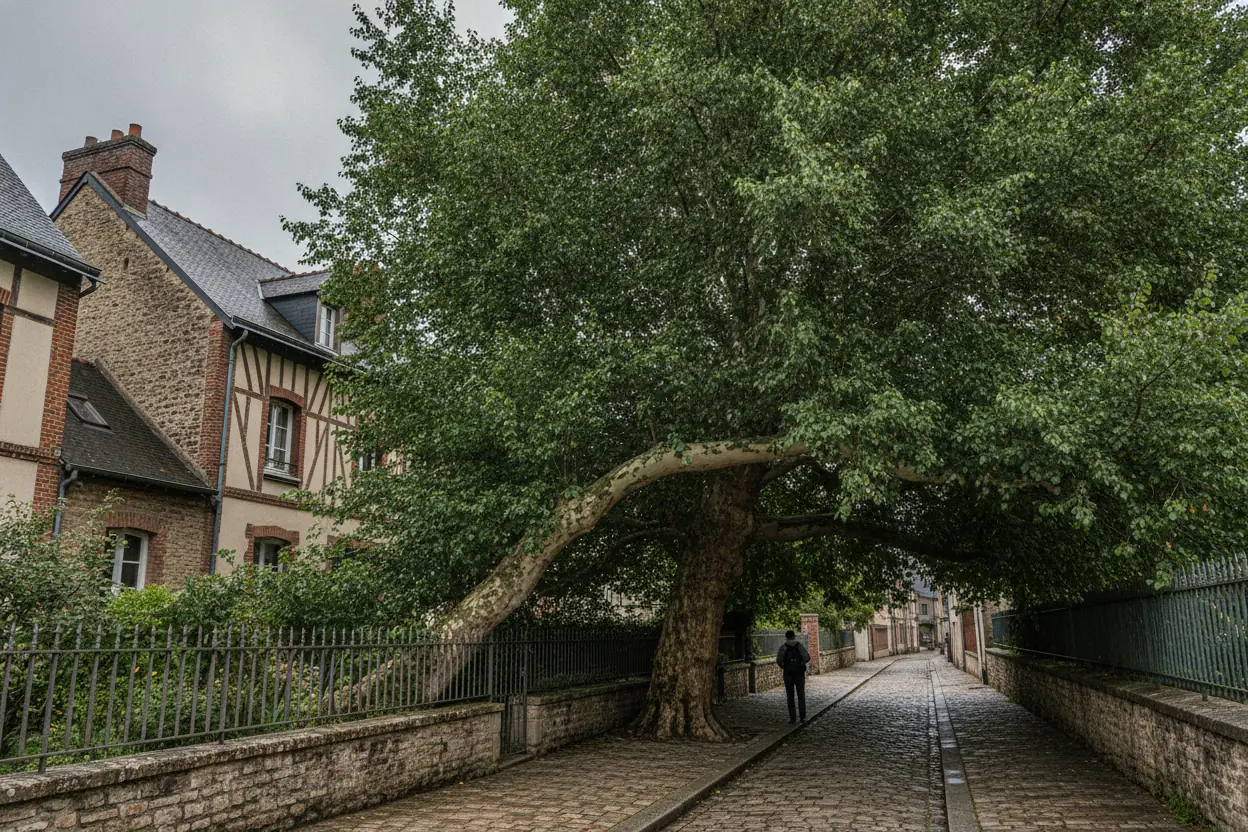 Platane dense aux branches basses au-dessus d'un trottoir à Saint-Marc, Rouen