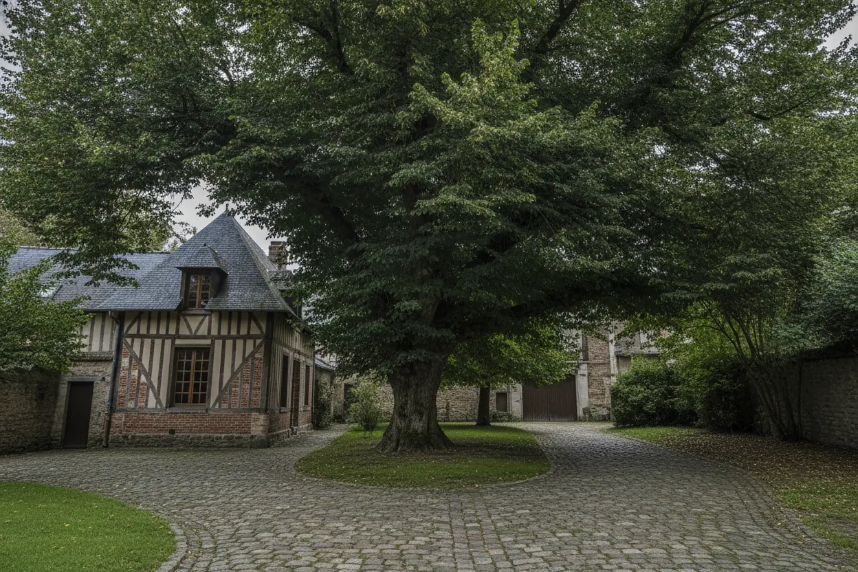 Arbre avant élagage grimpeur dans une cour rouennaise