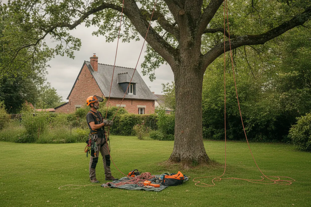 Arboriste grimpeur sur cordes dans un arbre à Rouen