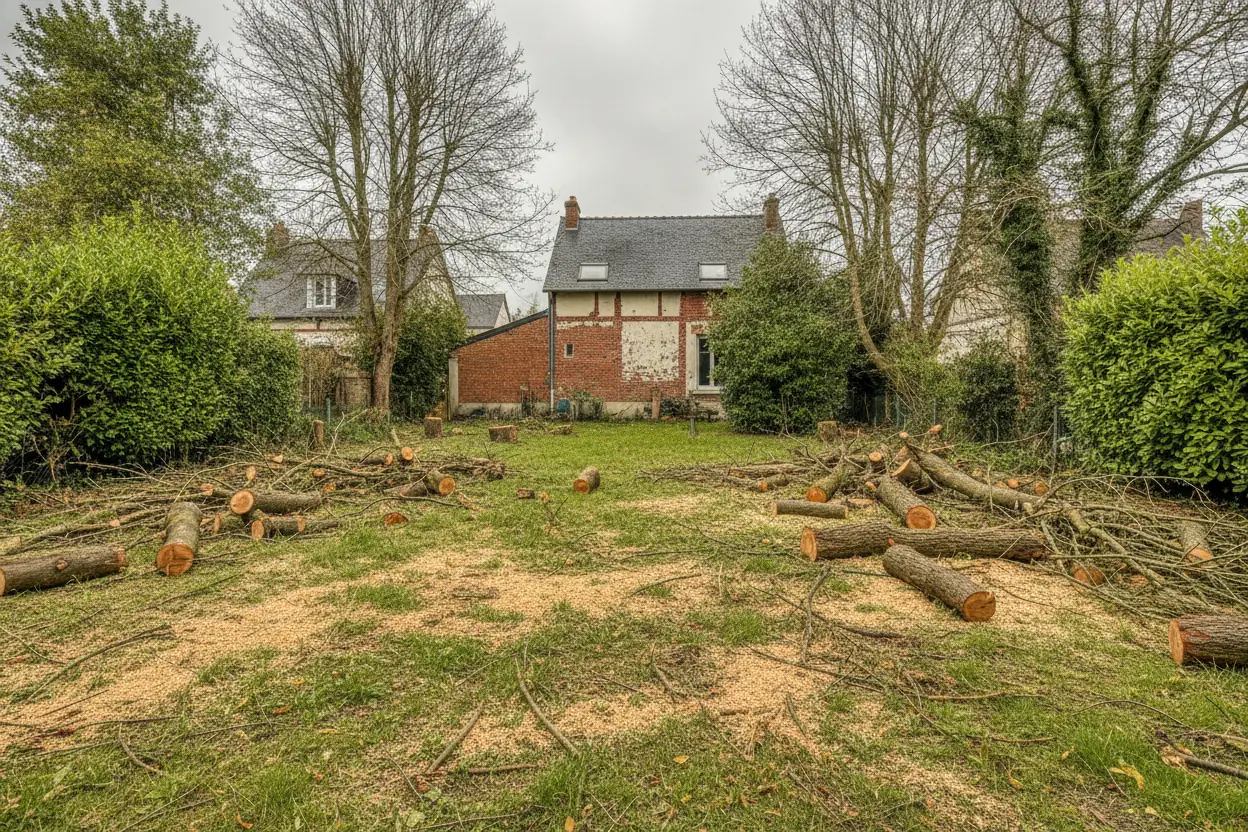 Billons et branches étalés dans un jardin après abattage à Jouvenet, Rouen