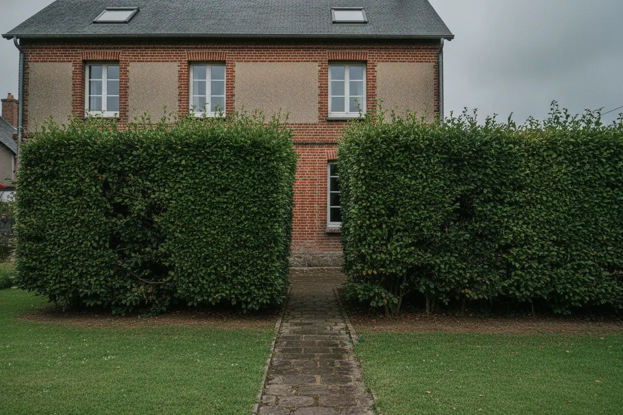 Haie de laurier alignée après taille à Rouen