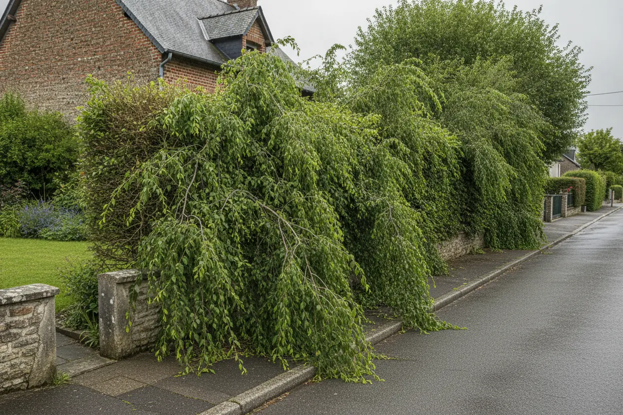 Haie de charmille débordant sur le trottoir à Mont-Gargan, Rouen