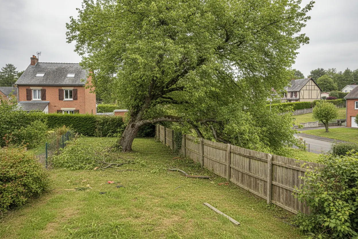Arbre penché avant démontage dans un jardin à Bihorel