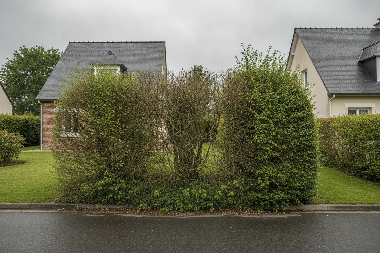 Haie de charmille débordant sur le trottoir à Bois-Guillaume