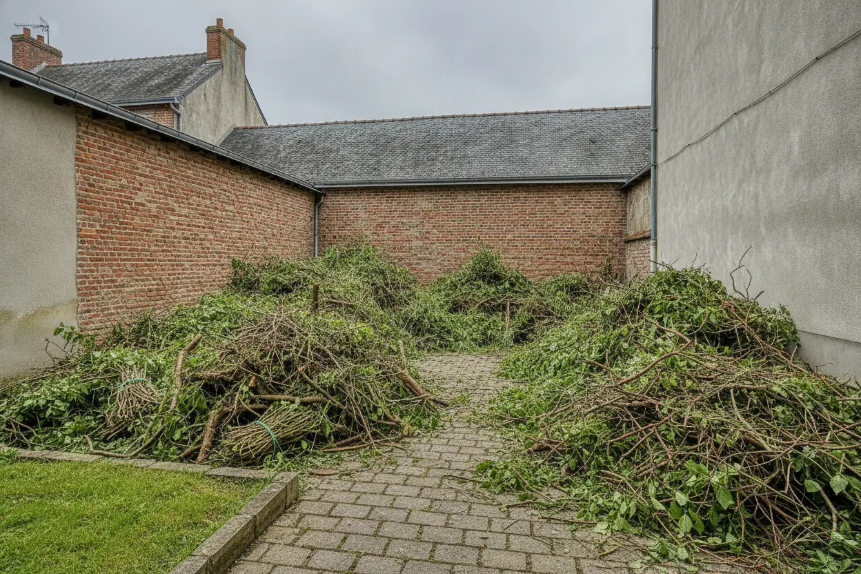 Cour étroite encombrée de branches après élagage à Déville-lès-Rouen
