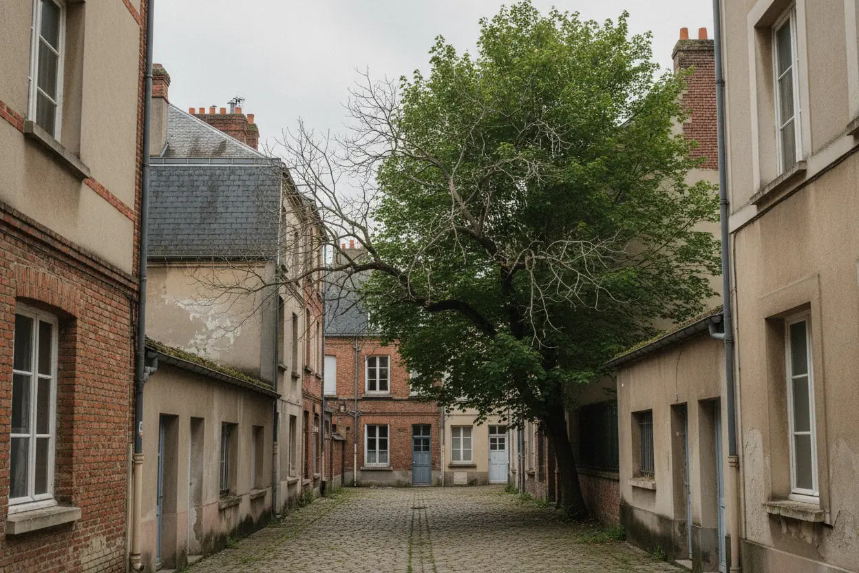 Érable avec bois mort au-dessus d'une cour urbaine à Le Petit-Quevilly